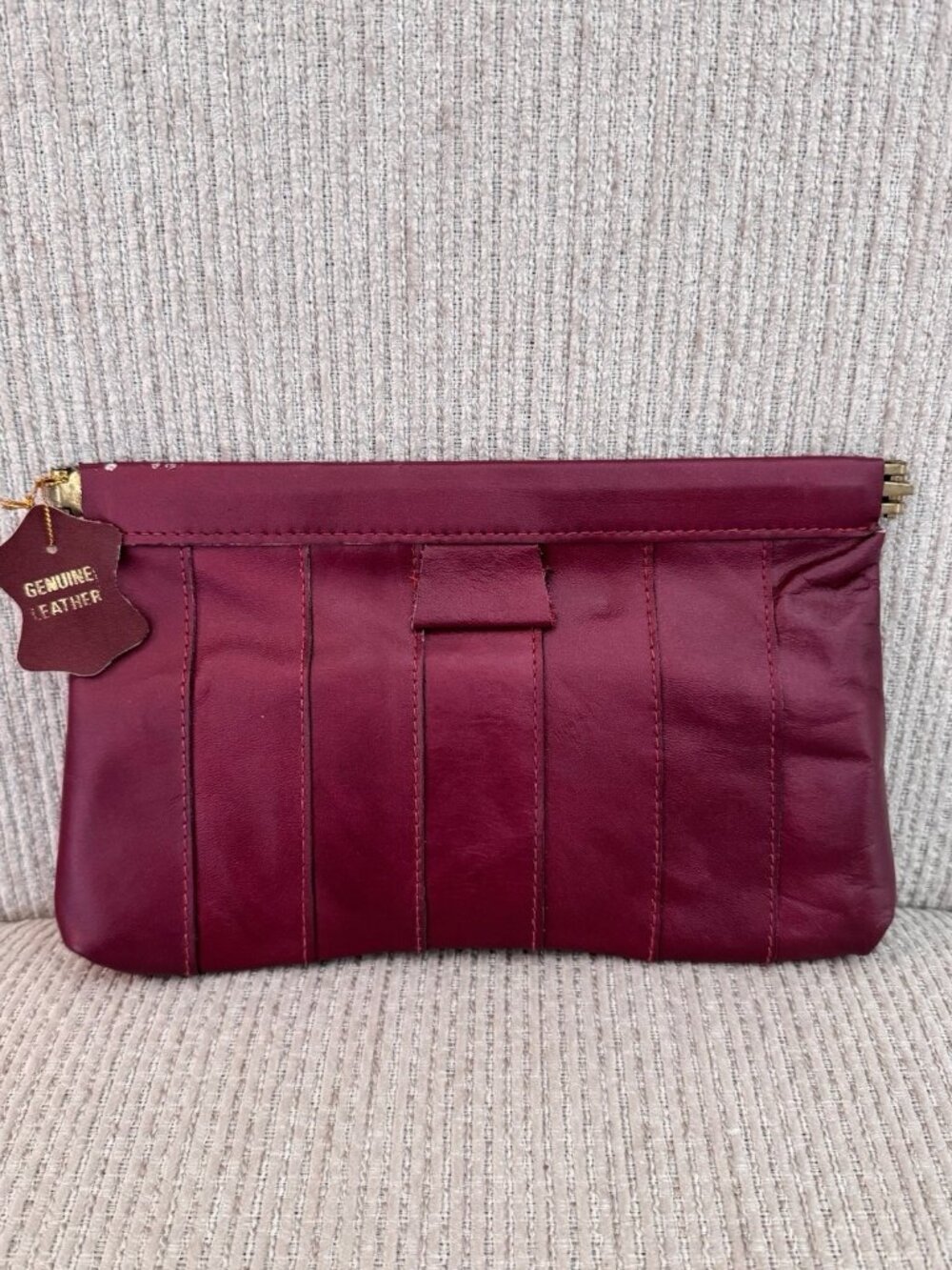Vintage Brick Red Genuine Leather Clutch Clamp Purse Made In Hong Kong